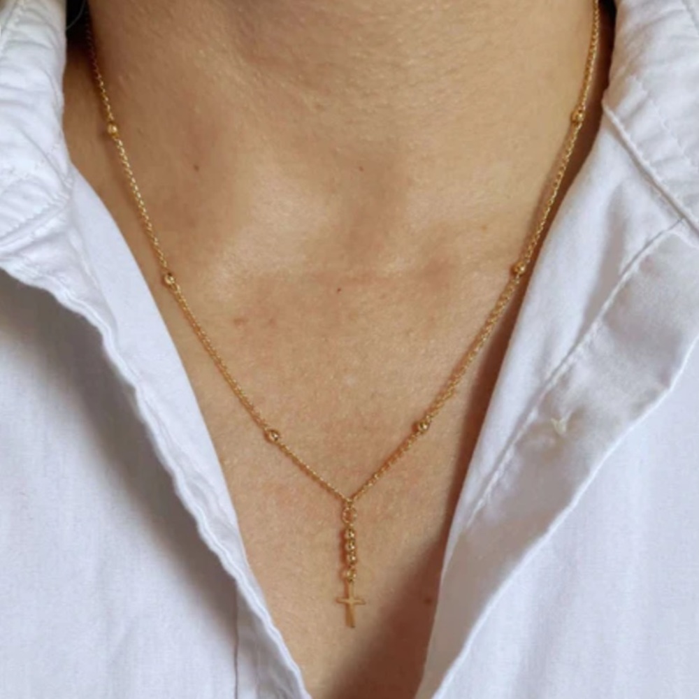 Last 1 New 18k Gold Filled Cross Necklace, beaded chain and cross charm. - Picture 1 of 3